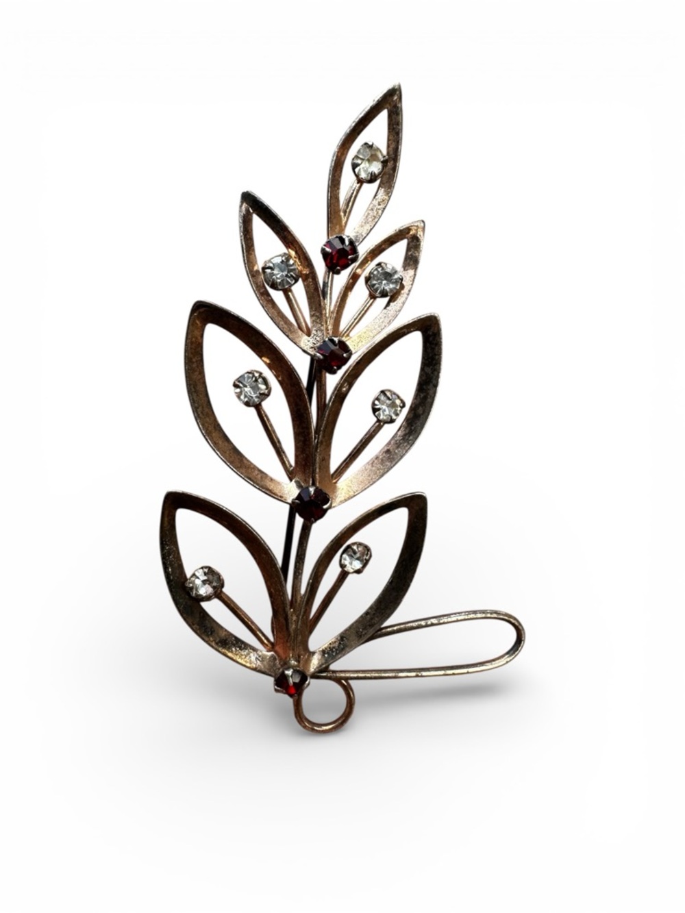 Vintage Sterling Silver Floral Spray Brooch – Red & Clear Rhinestones